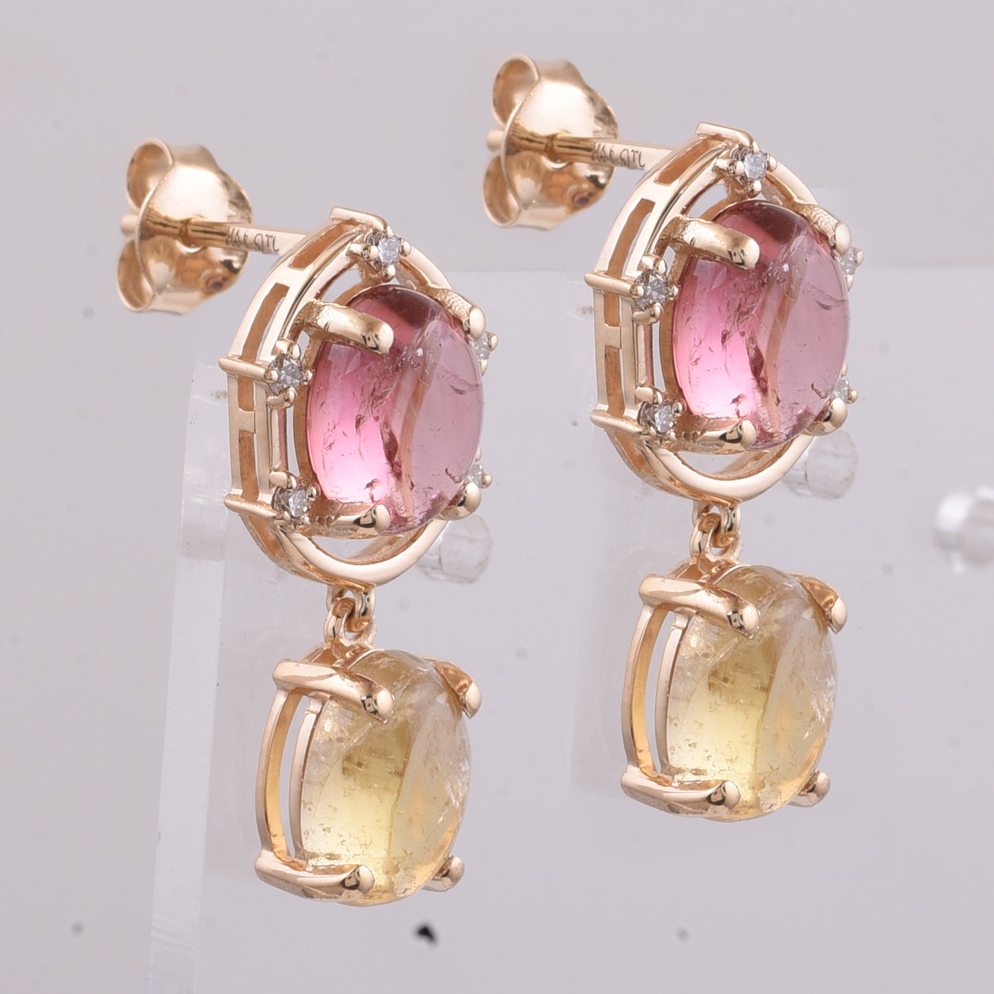 5.56 Ct Oval Cabochon Cut Natural Multi-Coloured Tourmaline 14K Gold Earrings