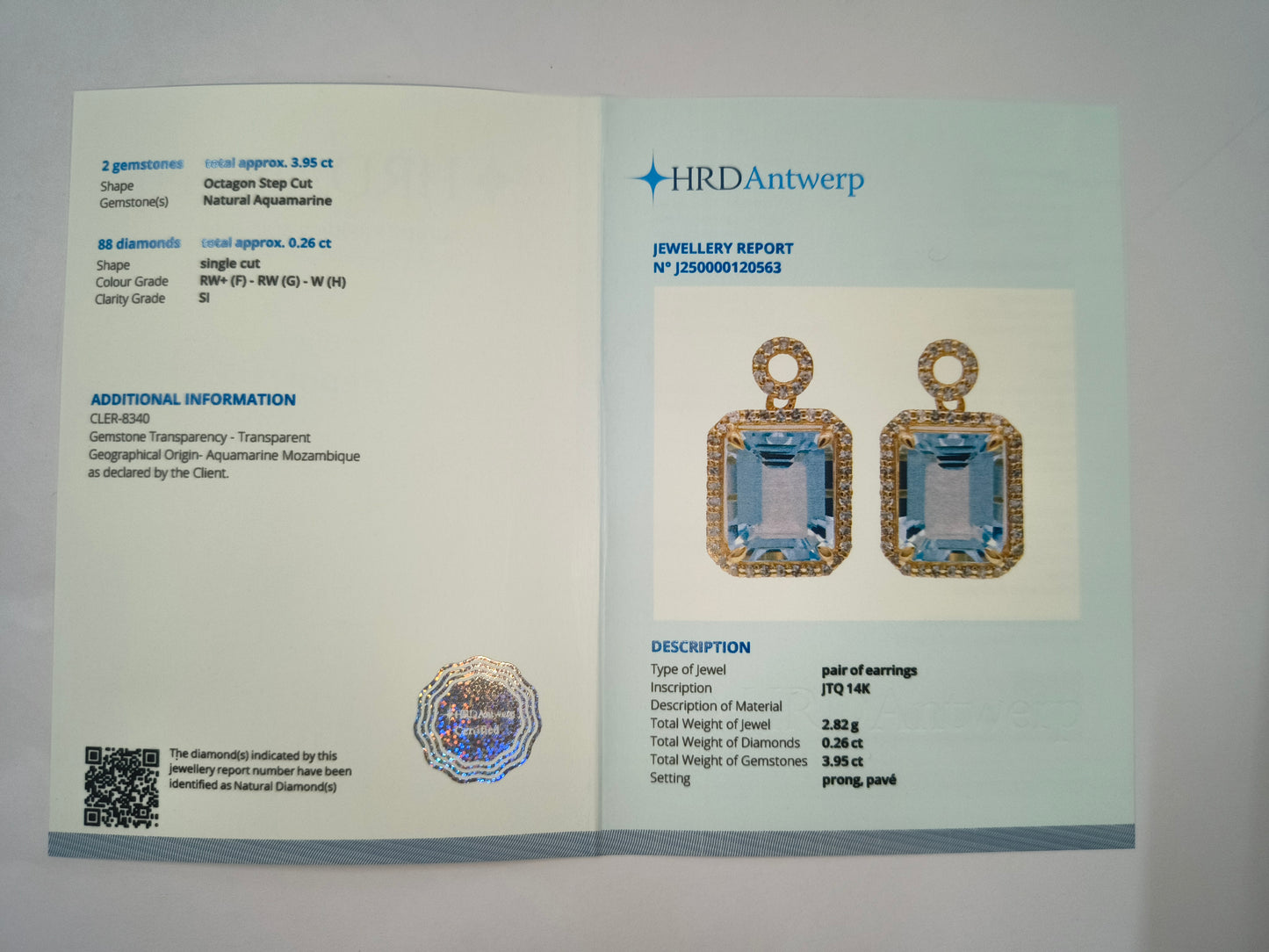 4.21 Ct Octagon Natural Aquamarine 14K Gold Earrings