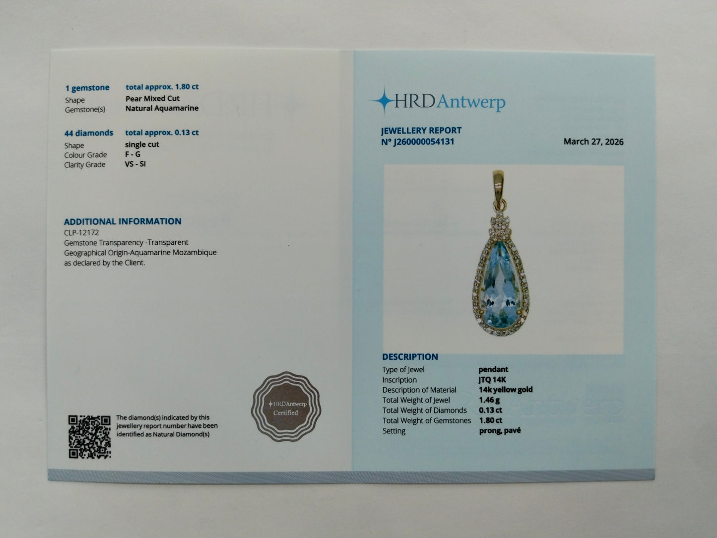 1.93 Ct Pear Mixed Cut Natural Aquamarine 14K Gold Pendant