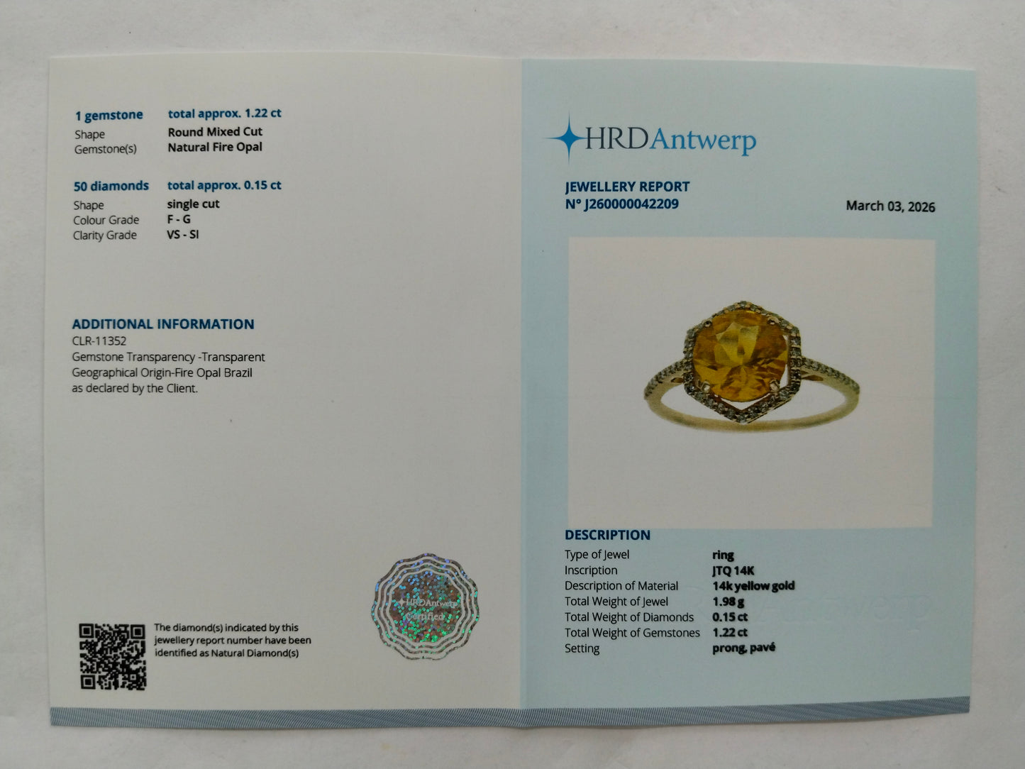 1.37 Ct Round Mixed Cut Natural Fire Opal 14K Gold Ring