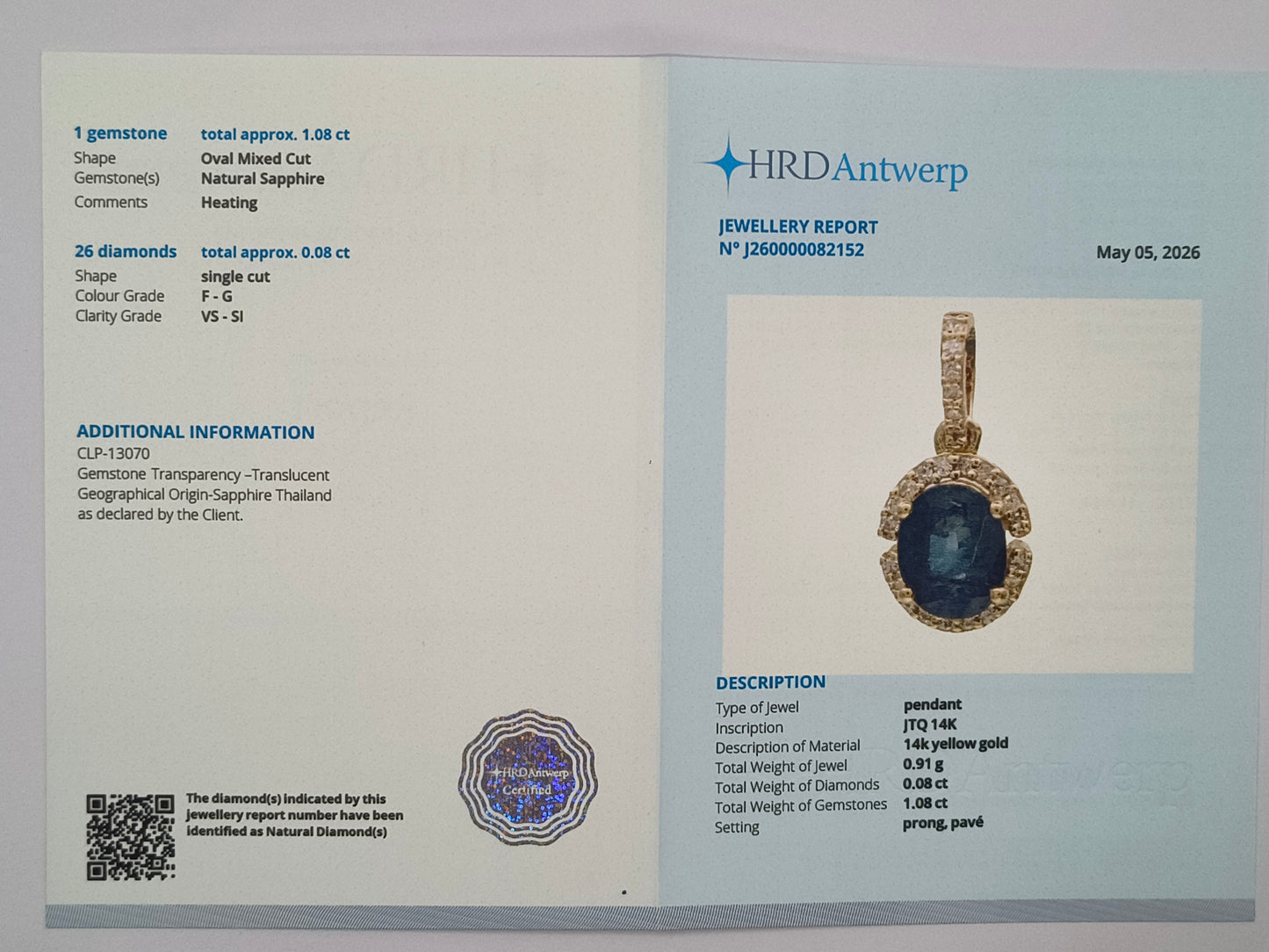 1.16 Ct Oval Mixed Cut Natural Sapphire 14K Gold Pendant