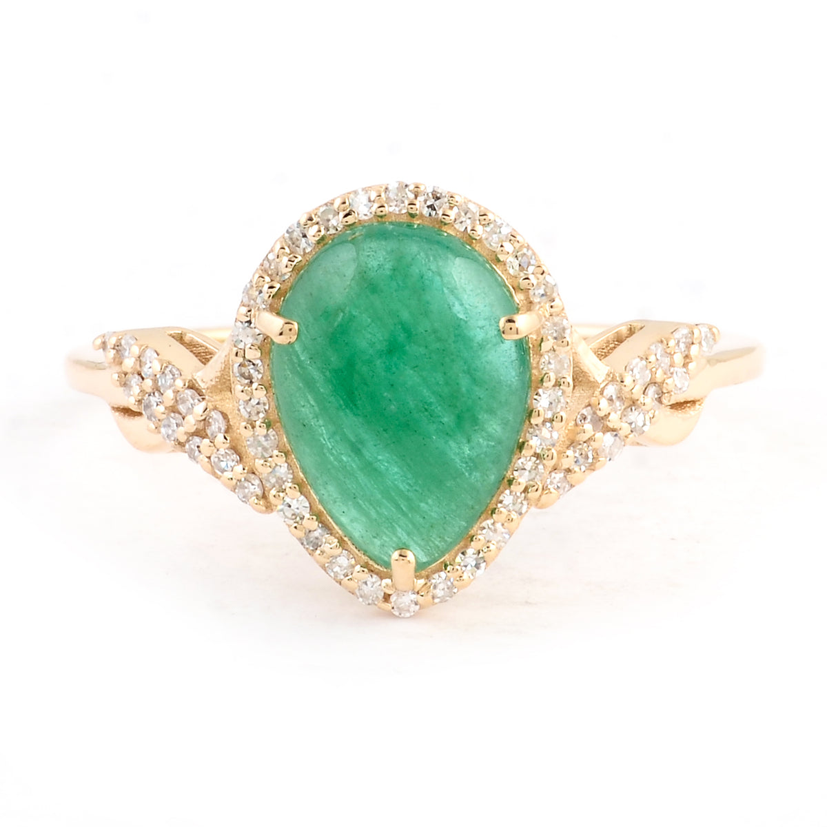 1.73 Ct Pear Cabochon Natural Beryl Emerald 14K Gold Ring