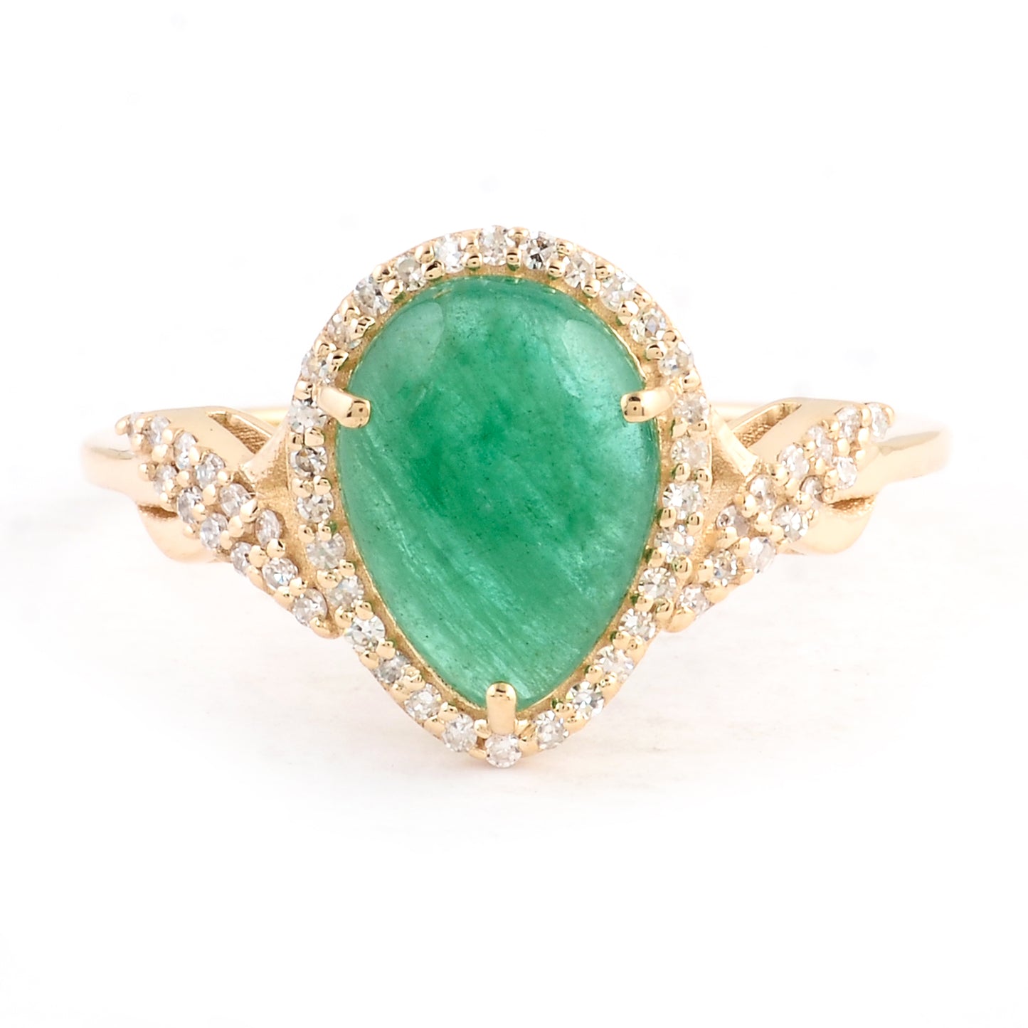 1.73 Ct Pear Cabochon Natural Beryl Emerald 14K Gold Ring