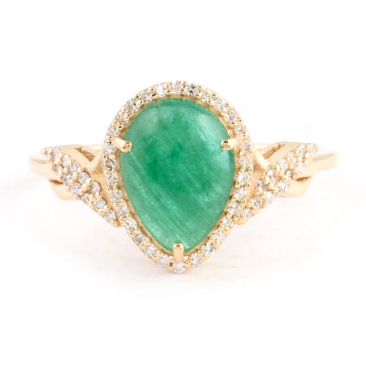 1.73 Ct Pear Cabochon Natural Beryl Emerald 14K Gold Ring
