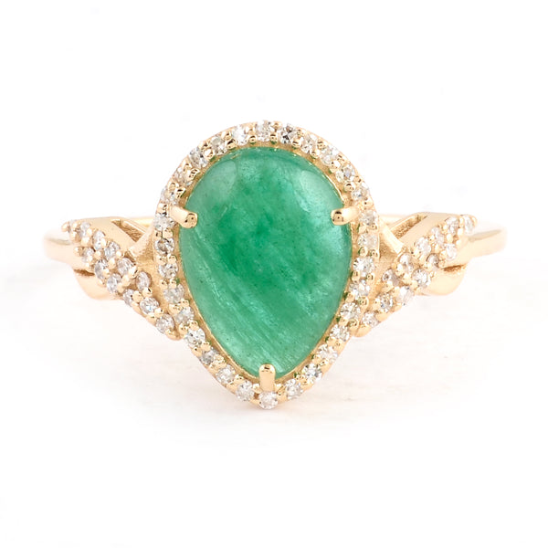 1.73 Ct Pear Cabochon Natural Beryl Emerald 14K Gold Ring