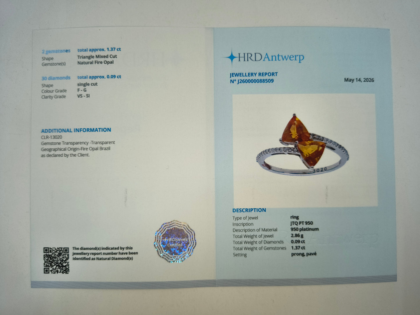 2.67 Ct Triangle Mixed Cut Natural Fire Opal 950 Platinum Ring