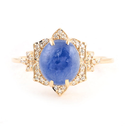3.47 Ct Oval Cabochon Natural Corunum Sapphire 14K Gold Ring