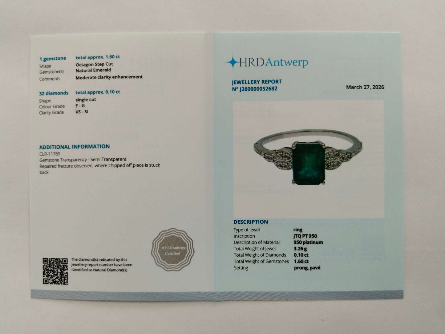1.70 Ct Octagon Step Cut Natural Emerald 950 Platinum Ring
