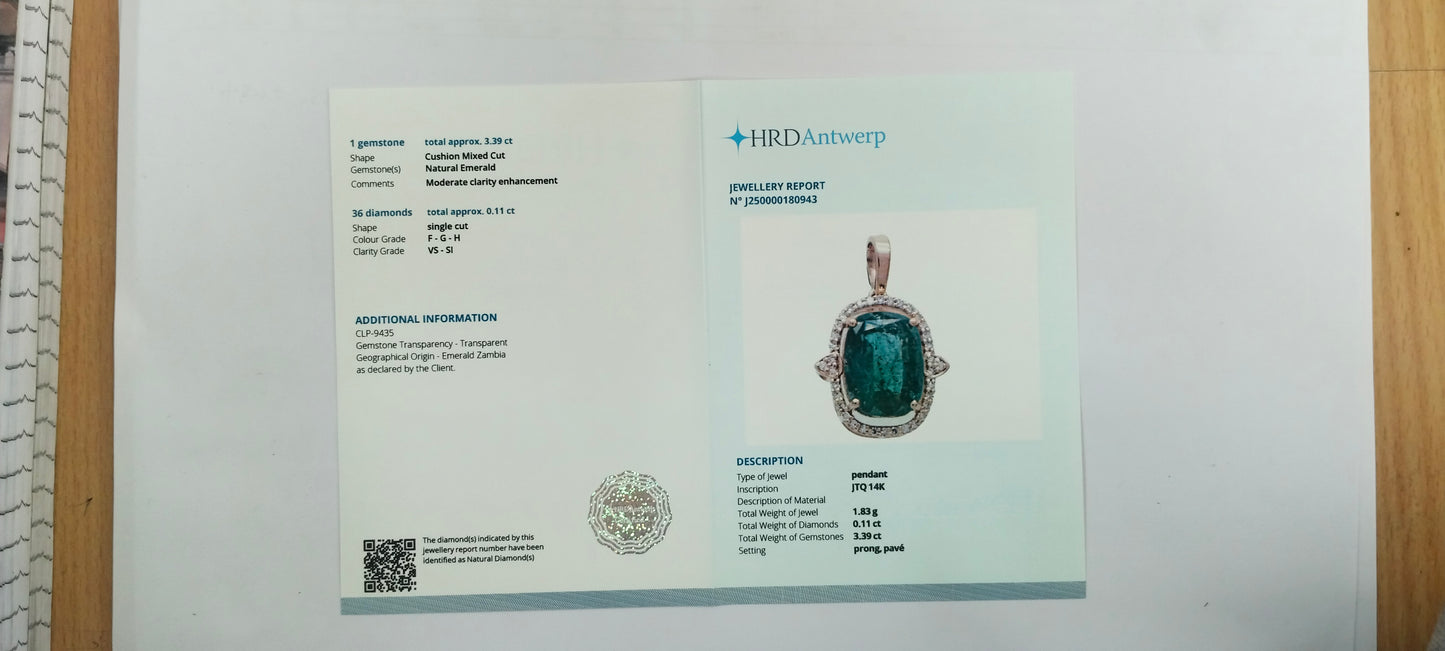3.50 Ct Cushion Mixed Cut Natural Emerald 14K Gold Pendant