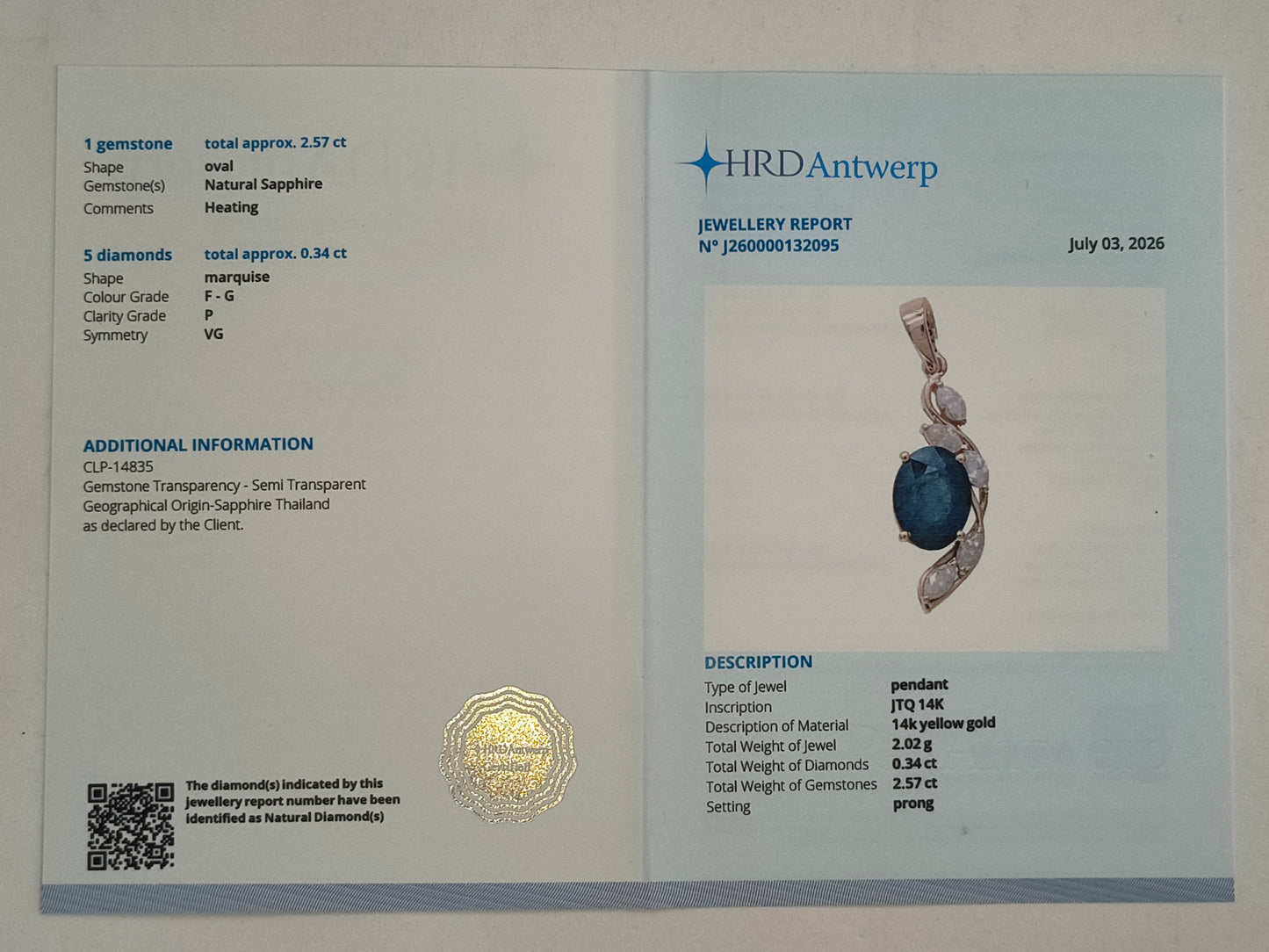 2.91 Ct Oval Natural Sapphire 14K Gold Pendant
