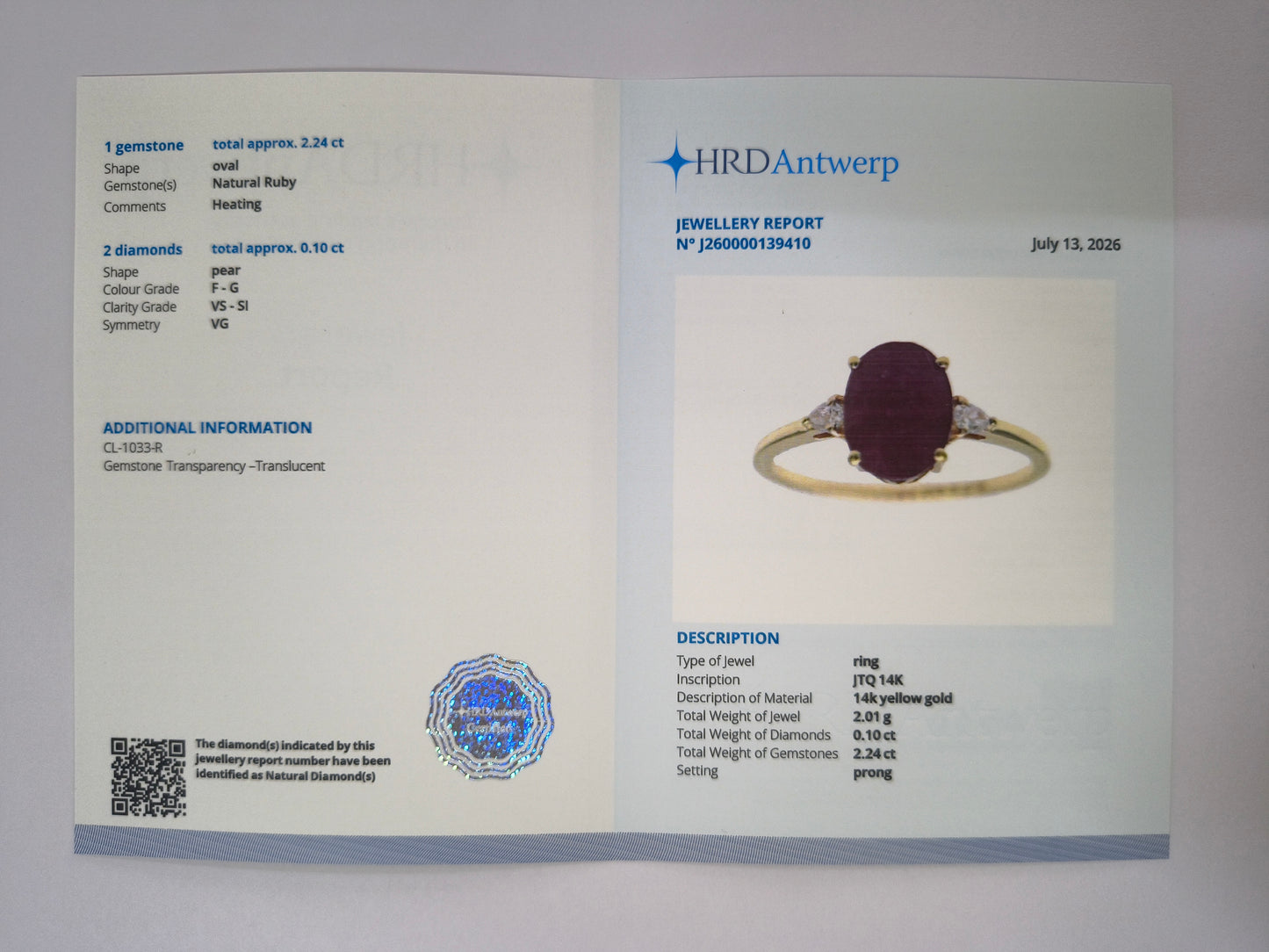 2.34 Ct Oval Natural Ruby 14K Gold Ring