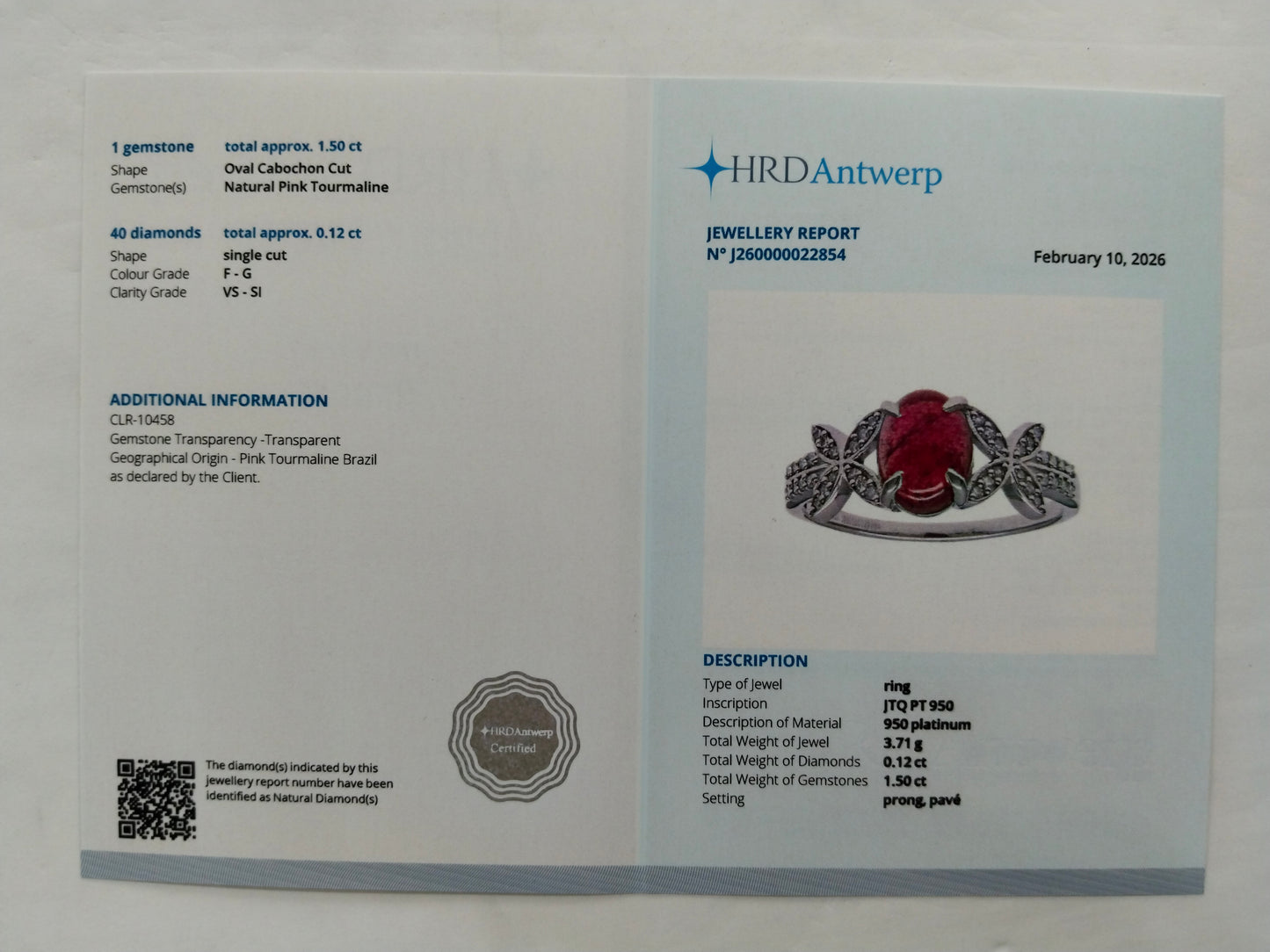 1.62 Ct Oval Cabochon Cut Natural Pink Tourmaline 950 Platinum Ring