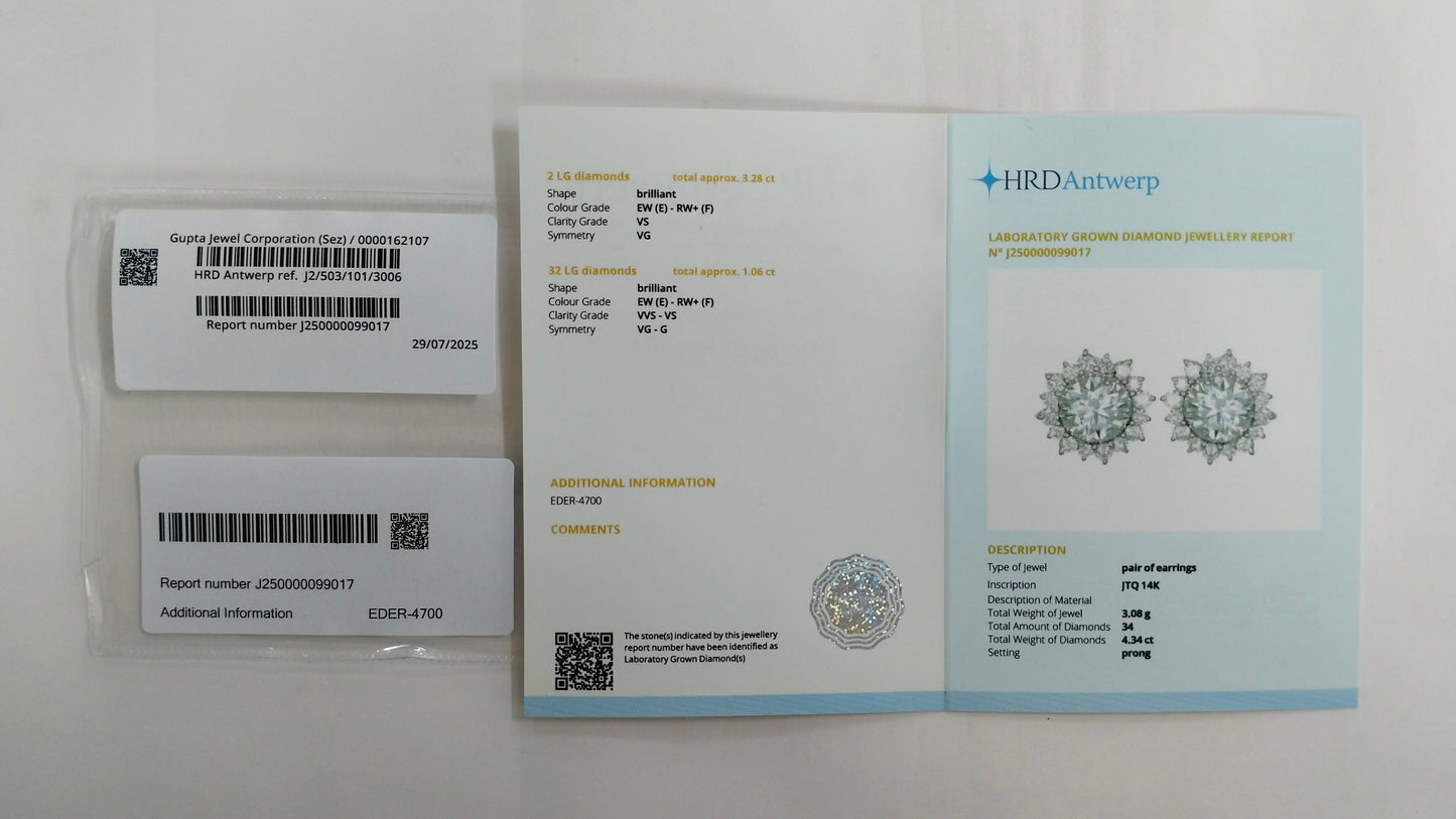 4.34 Carats Lab Grown Diamond 14K Gold Earrings