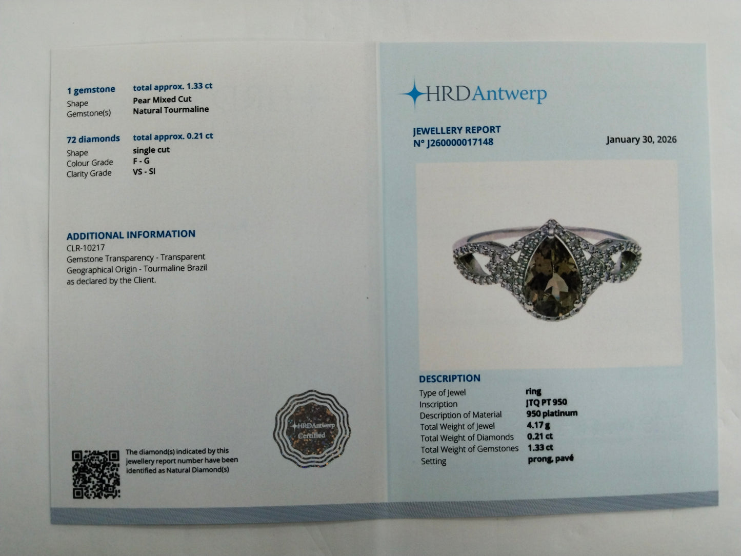 1.54 Ct Pear Mixed Cut Natural Tourmaline 950 Platinum Ring