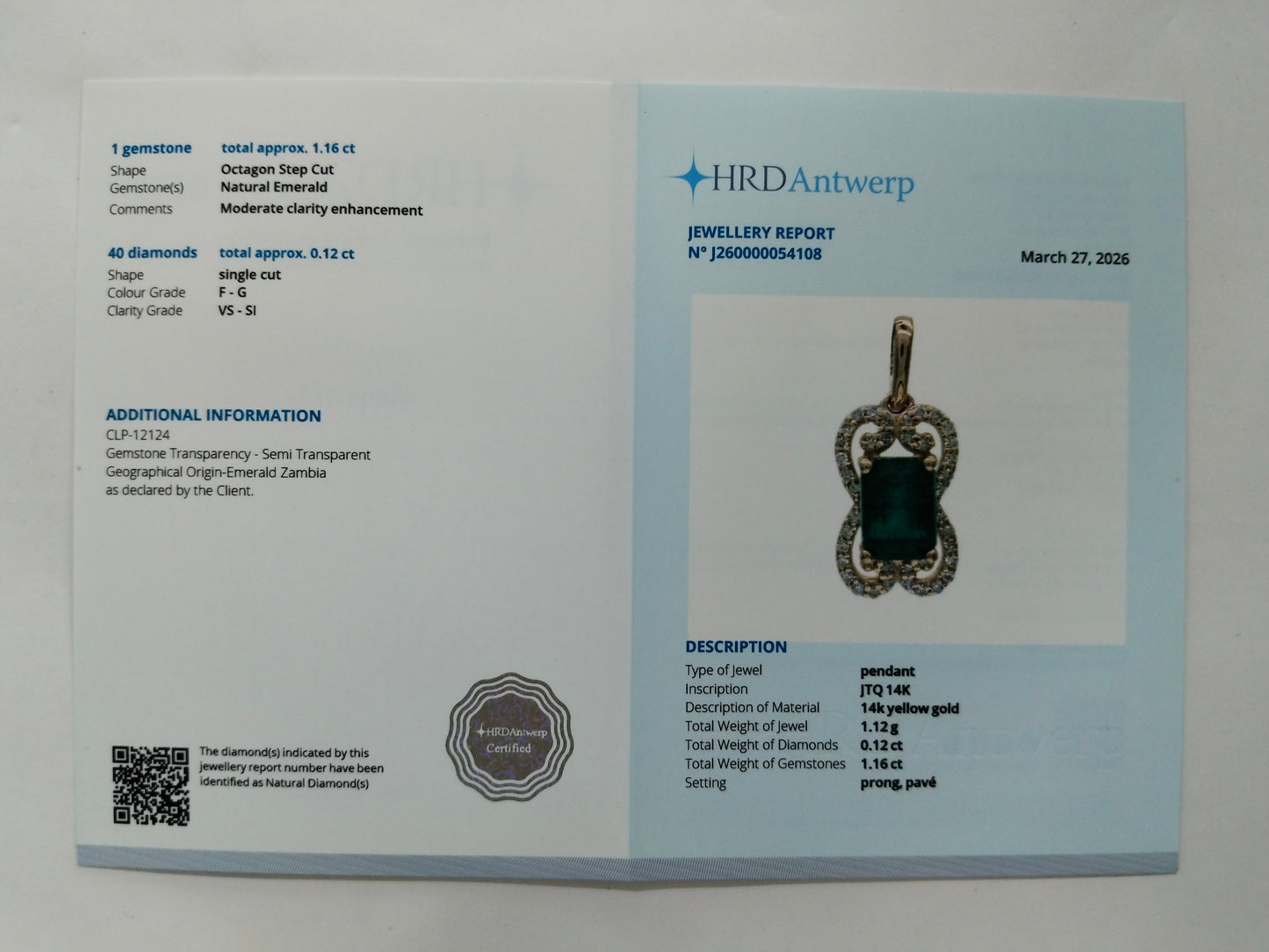 1.28 Ct Octagon Step Cut Natural Emerald 14K Gold Pendant