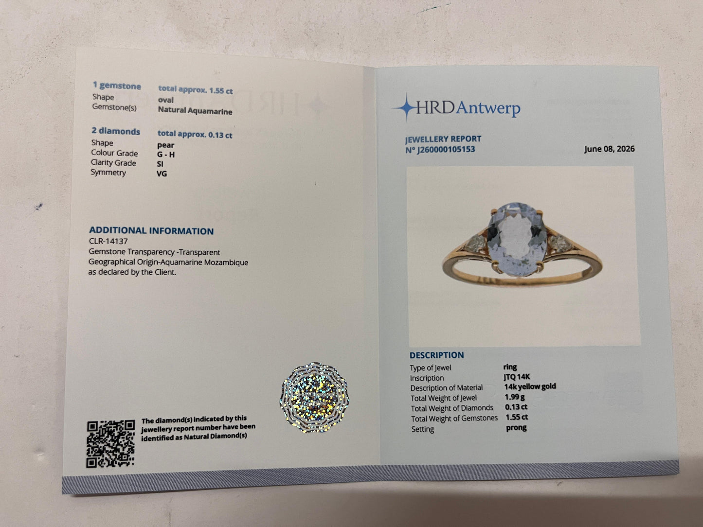 1.68 Ct Oval Mixed Cut Natural Aquamarine 14K Gold Ring