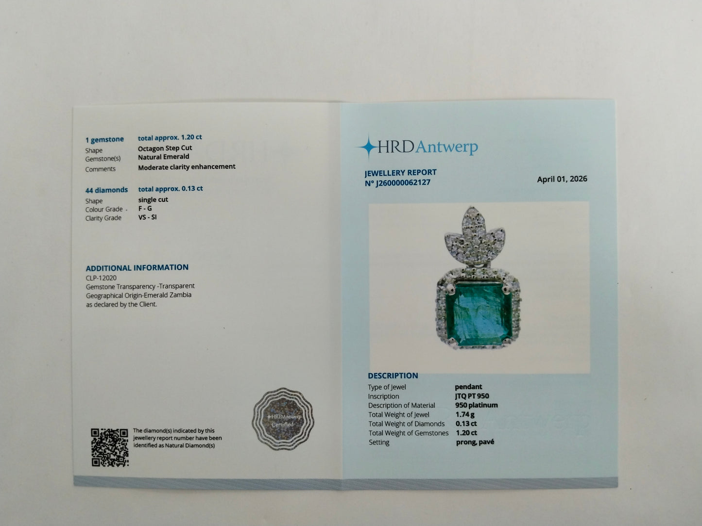 1.33 Ct Octagon Step Cut Natural Emerald 950 Platinum Pendant