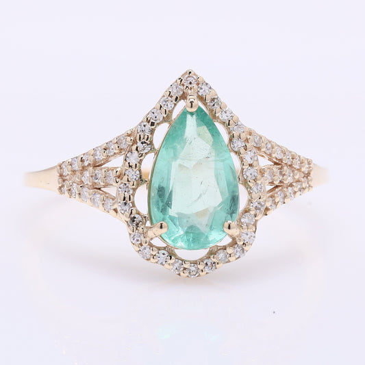 1.26 Ct Pear Mixed Cut Natural Emerald 14K Gold Ring