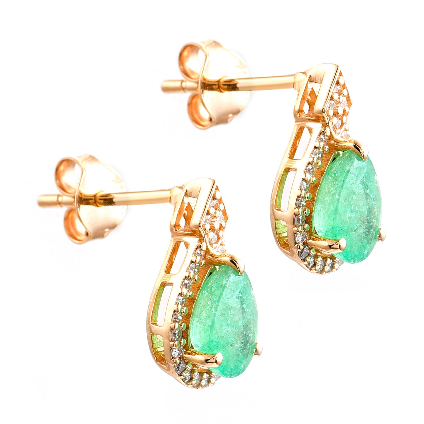 1.71 Ct Pear Mixed Cut Natural Emerald 14K Gold Earrings