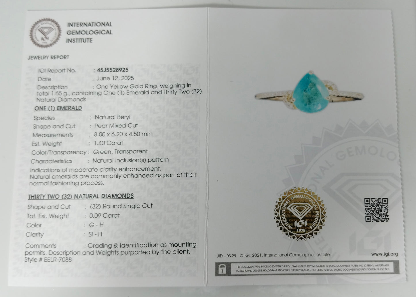 1.49 Ct Pear Mixed Cut Natural Beryl Emerald 14K Gold Ring