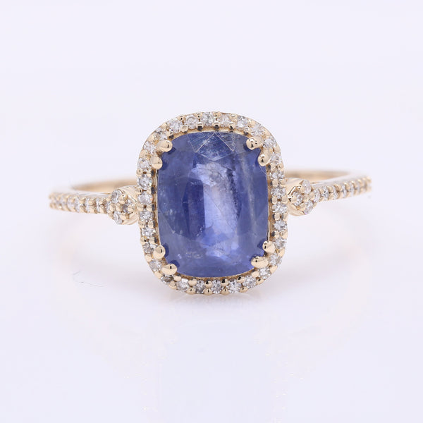 2.95 Ct Cushion Mixed Cut Natural Sapphire 14K Gold Ring