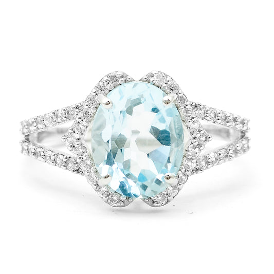 3.80 Ct Oval Blue Topaz, White Zircon 925 Sterling Silver Ring