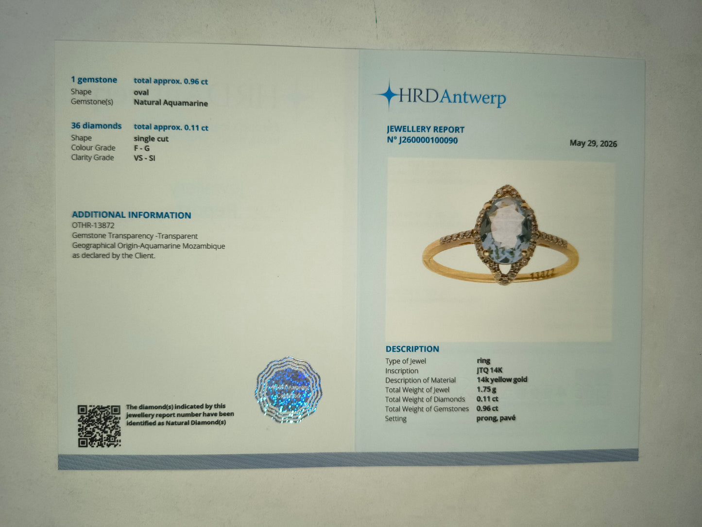 1.07 Ct Oval Mixed Cut Natural Aquamarine 14K Gold Ring