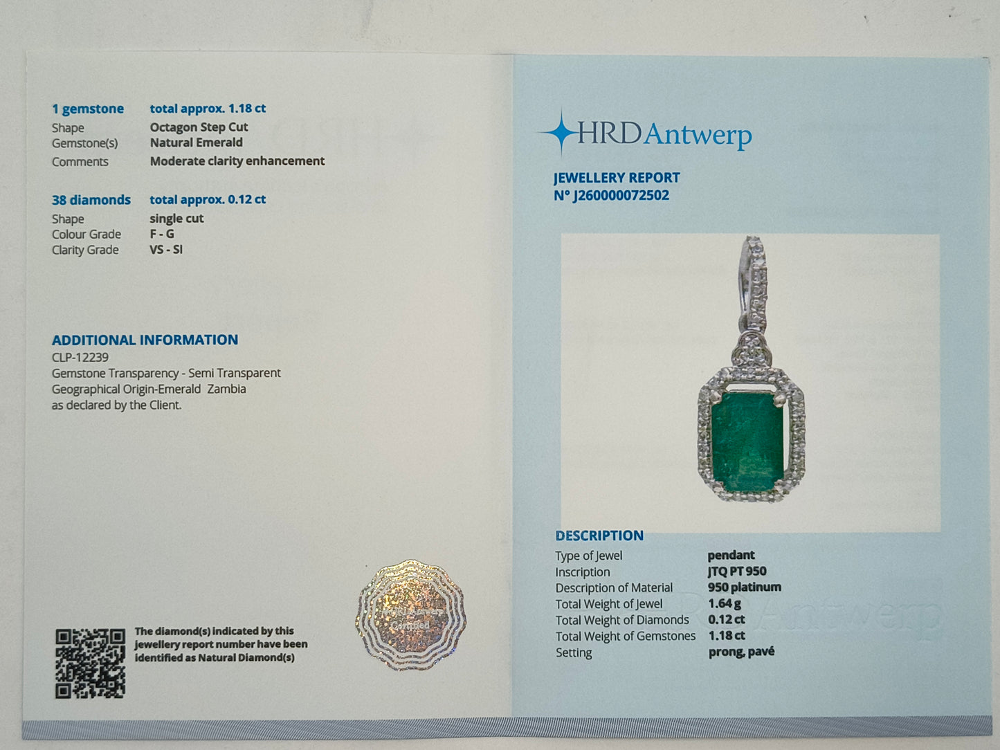 1.30 Ct Octagon Step Cut Natural Emerald 950 Platinum Pendant