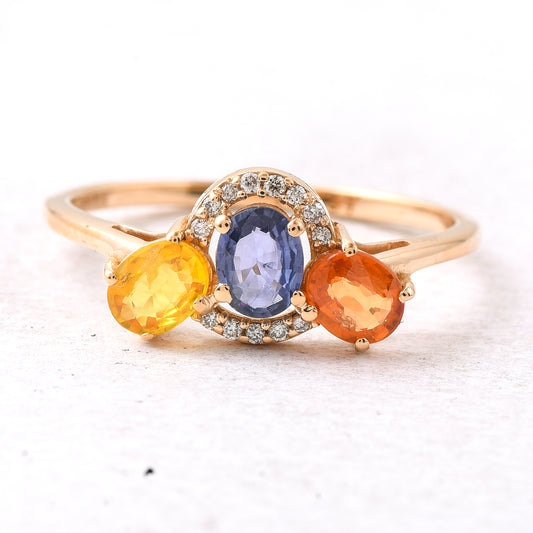 1.05 Ct Oval Mixed Cut Natural Multi-Coloured Sapphire 14K Gold Ring