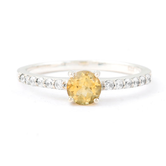 0.82 Ct Round Citrine, Cubic Zirconia, 925 Sterling Silver Ring