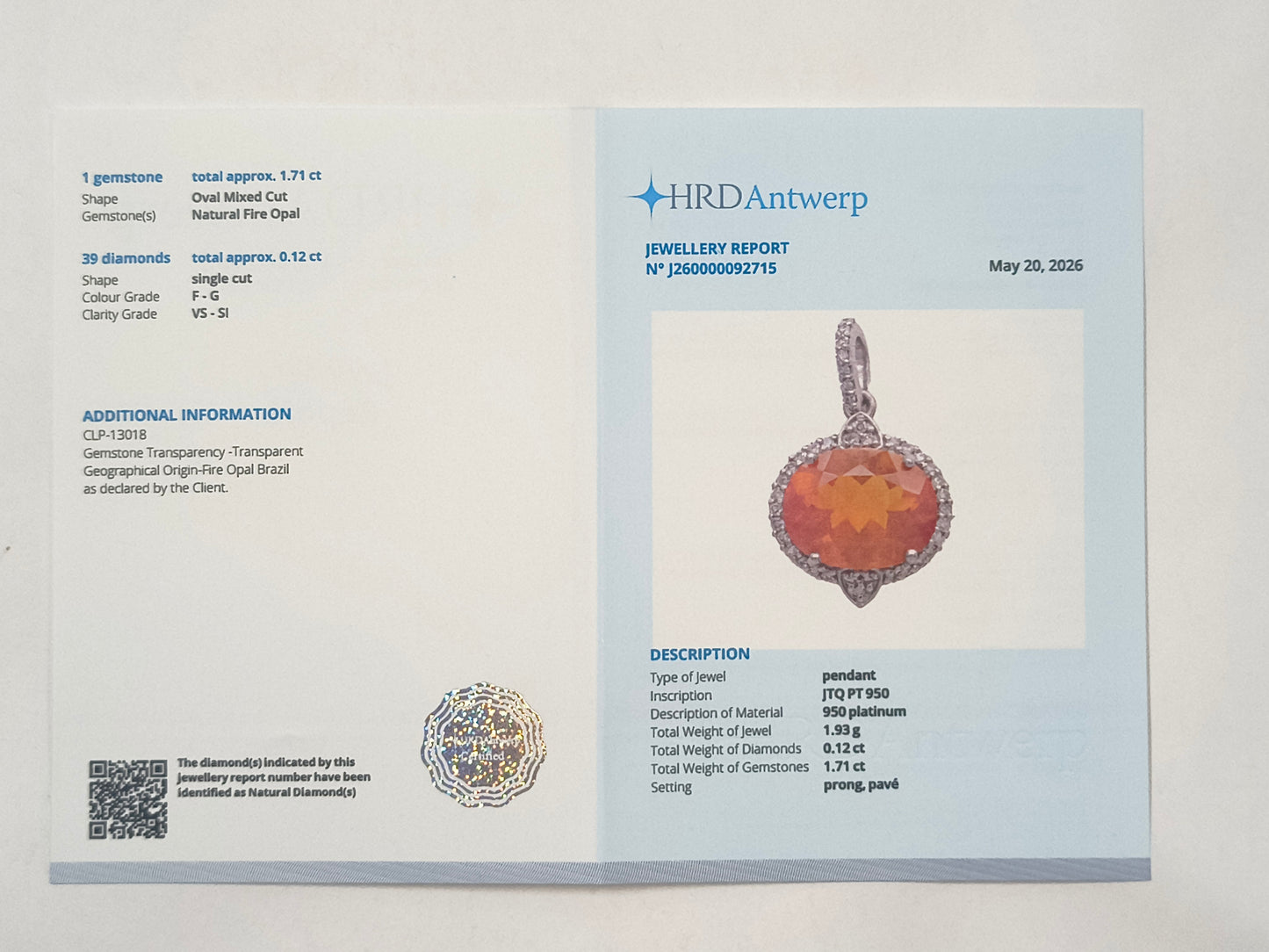 1.83 Ct Oval Fire Opal 950 Platinum Pendant
