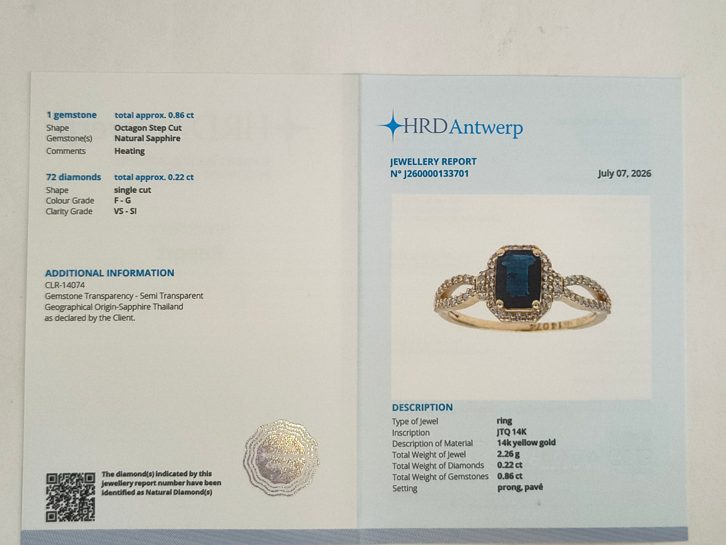 1.08 Ct Octagon Step Cut Natural Sapphire 14K Gold Ring