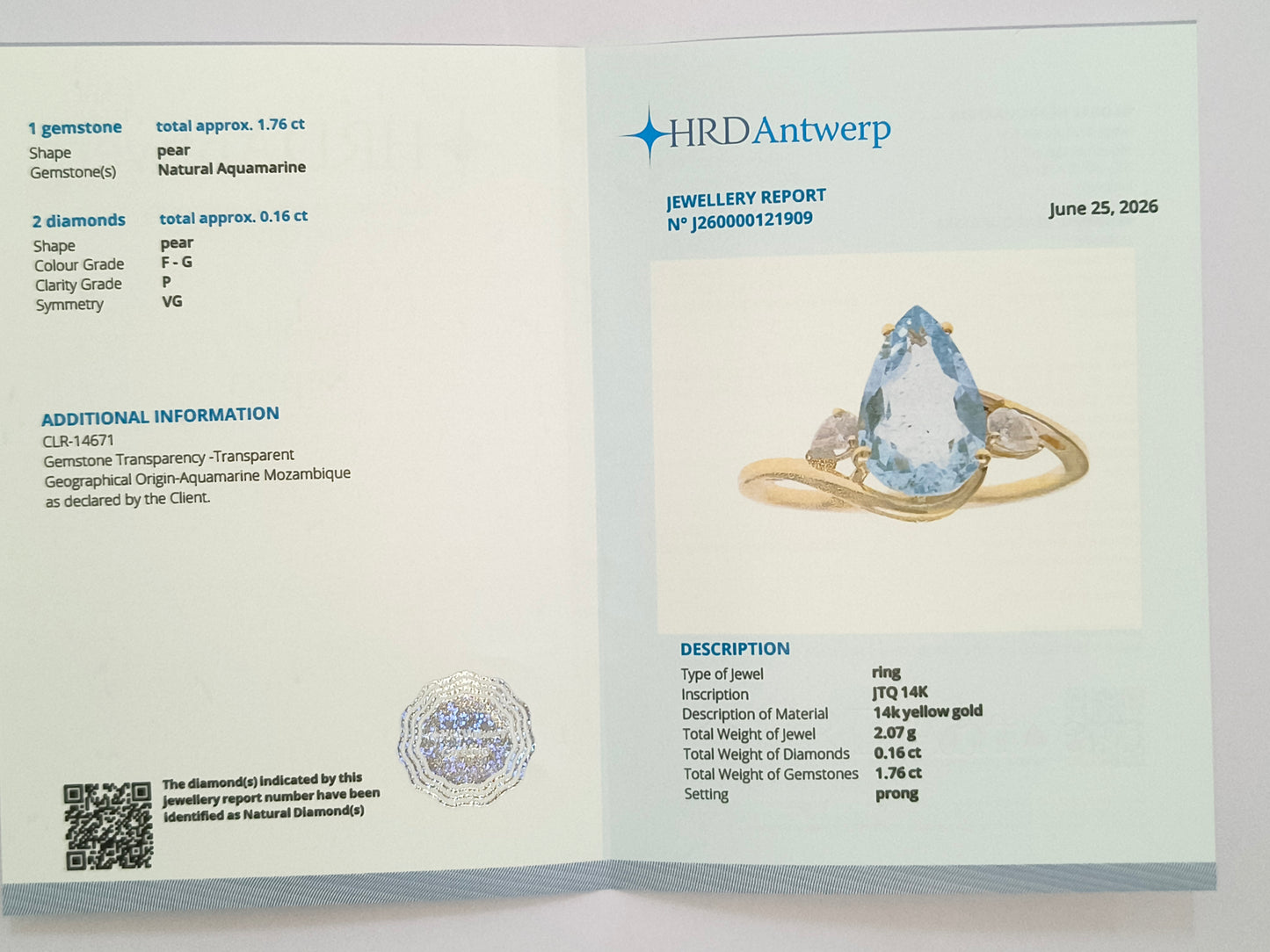 1.92 Ct Pear Natural Aquamarine 14K Gold Ring