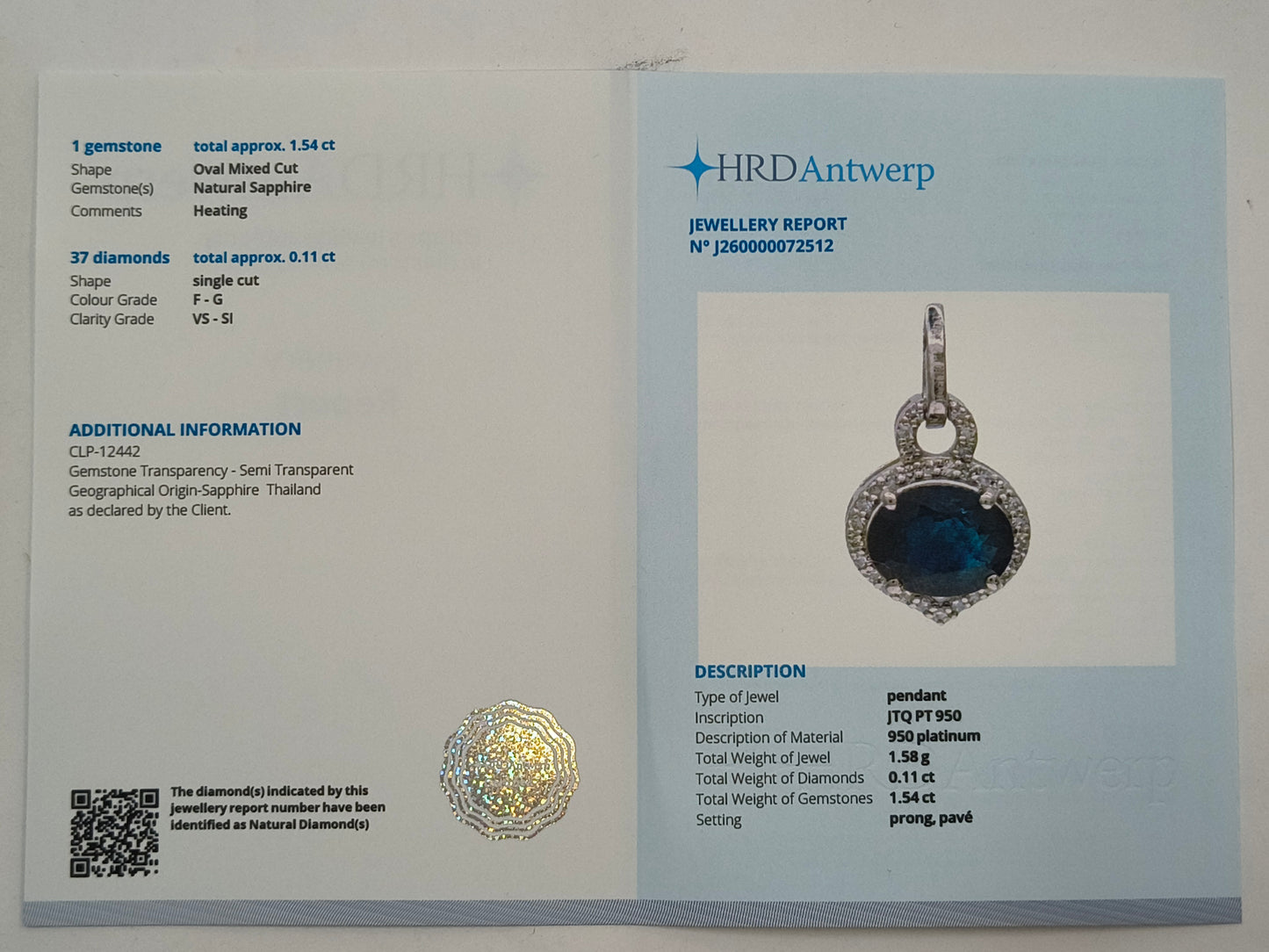 1.65 Ct Oval Mixed Cut Natural Sapphire 950 Platinum Pendant