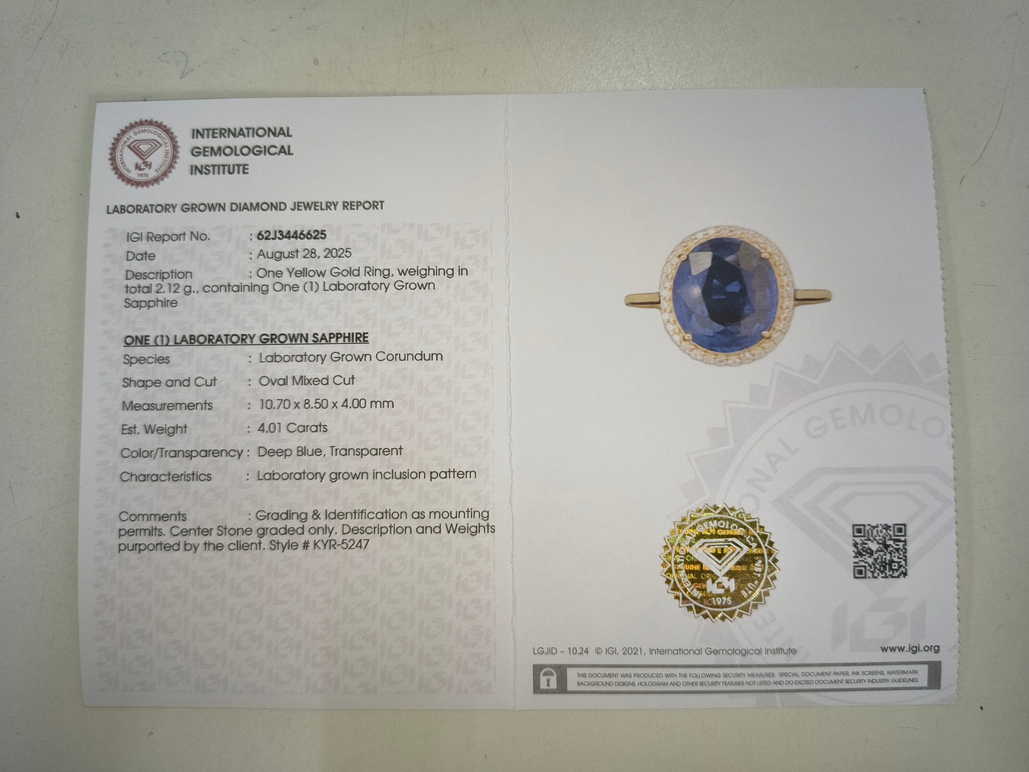 4.11 Ct Oval Lab Grown Sapphire 14K Gold Ring