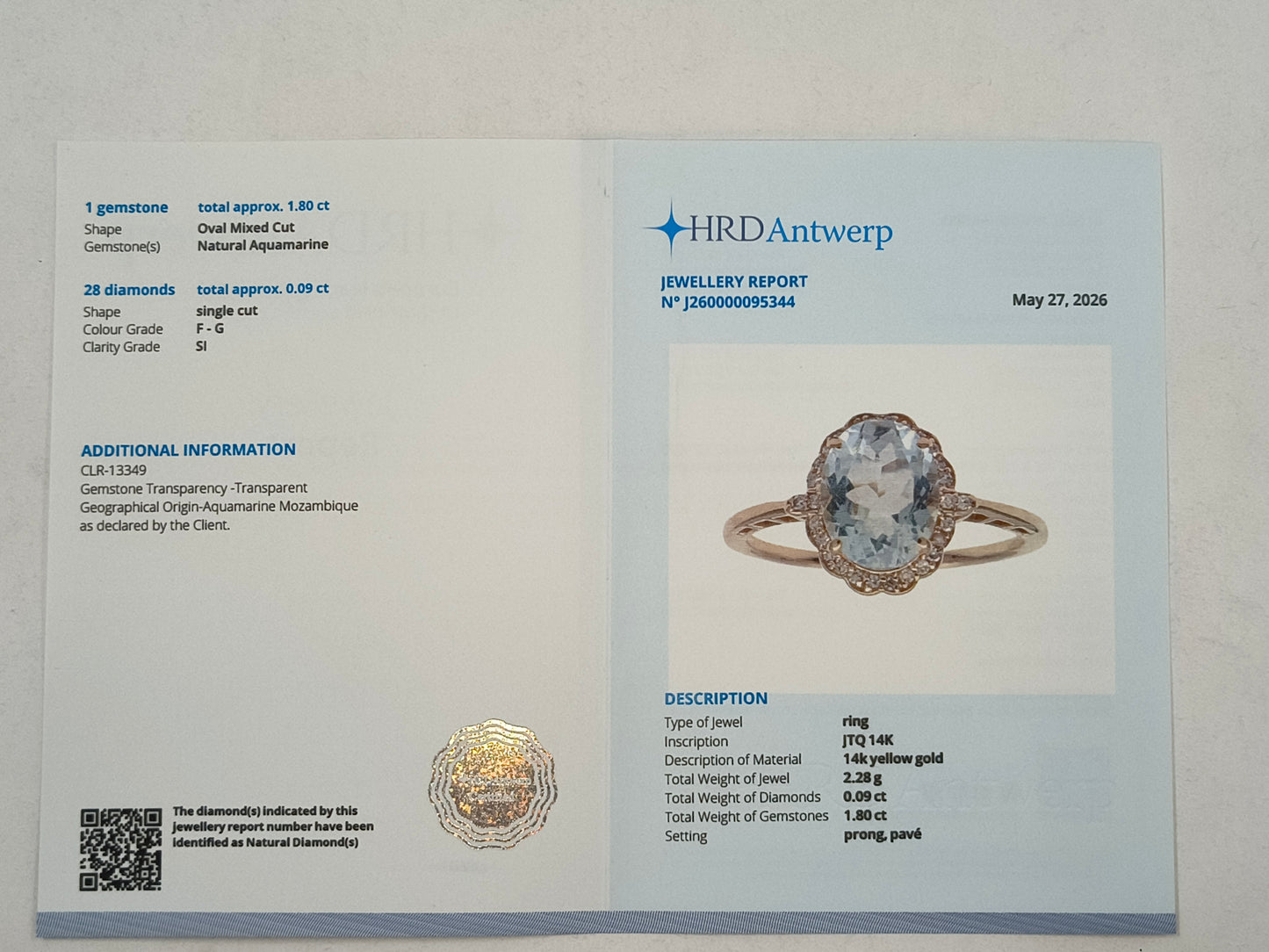 1.89 Ct Oval Mixed Cut Natural Aquamarine 14K Gold Ring