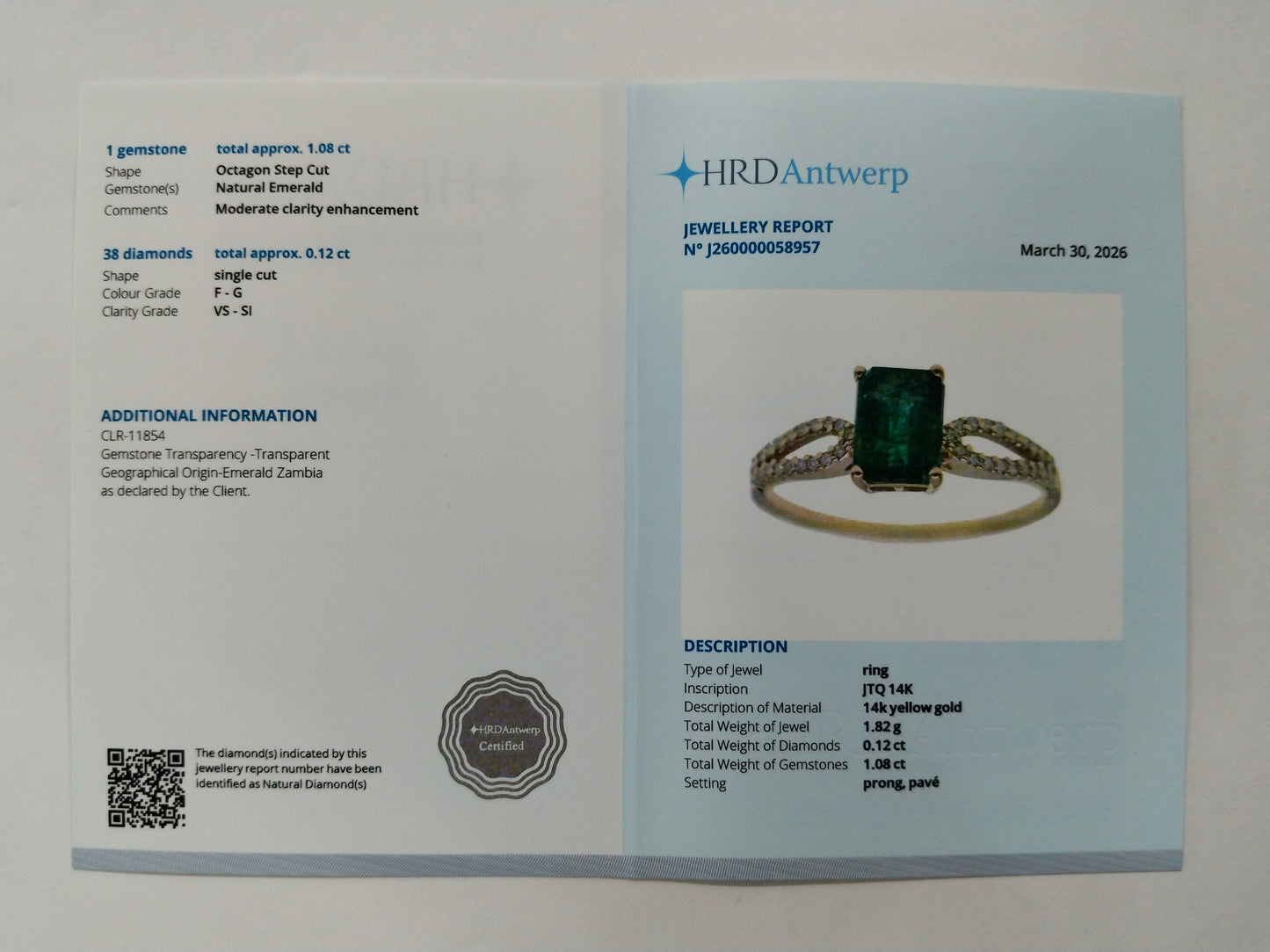1.20 Ct Octagon Step Cut Natural Emerald 14K Gold Ring