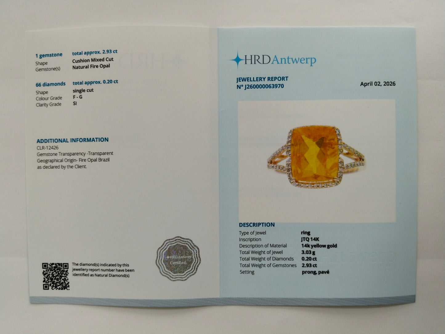 3.13 Ct Cushion Mixed Cut Natural Fire Opal 14K Gold Ring