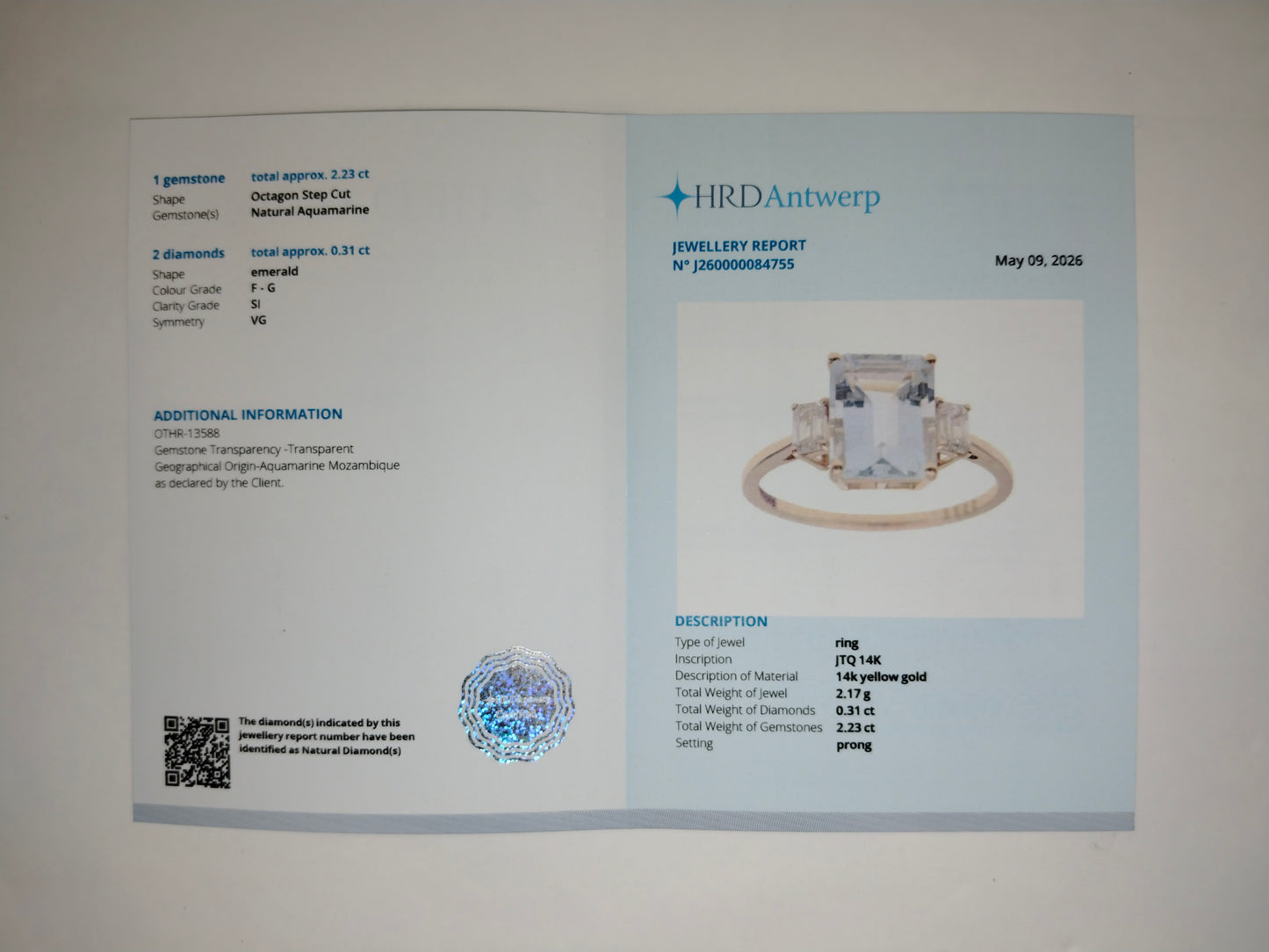 1.66 Ct Octagon Step Cut Natural Aquamarine 14K Gold Ring