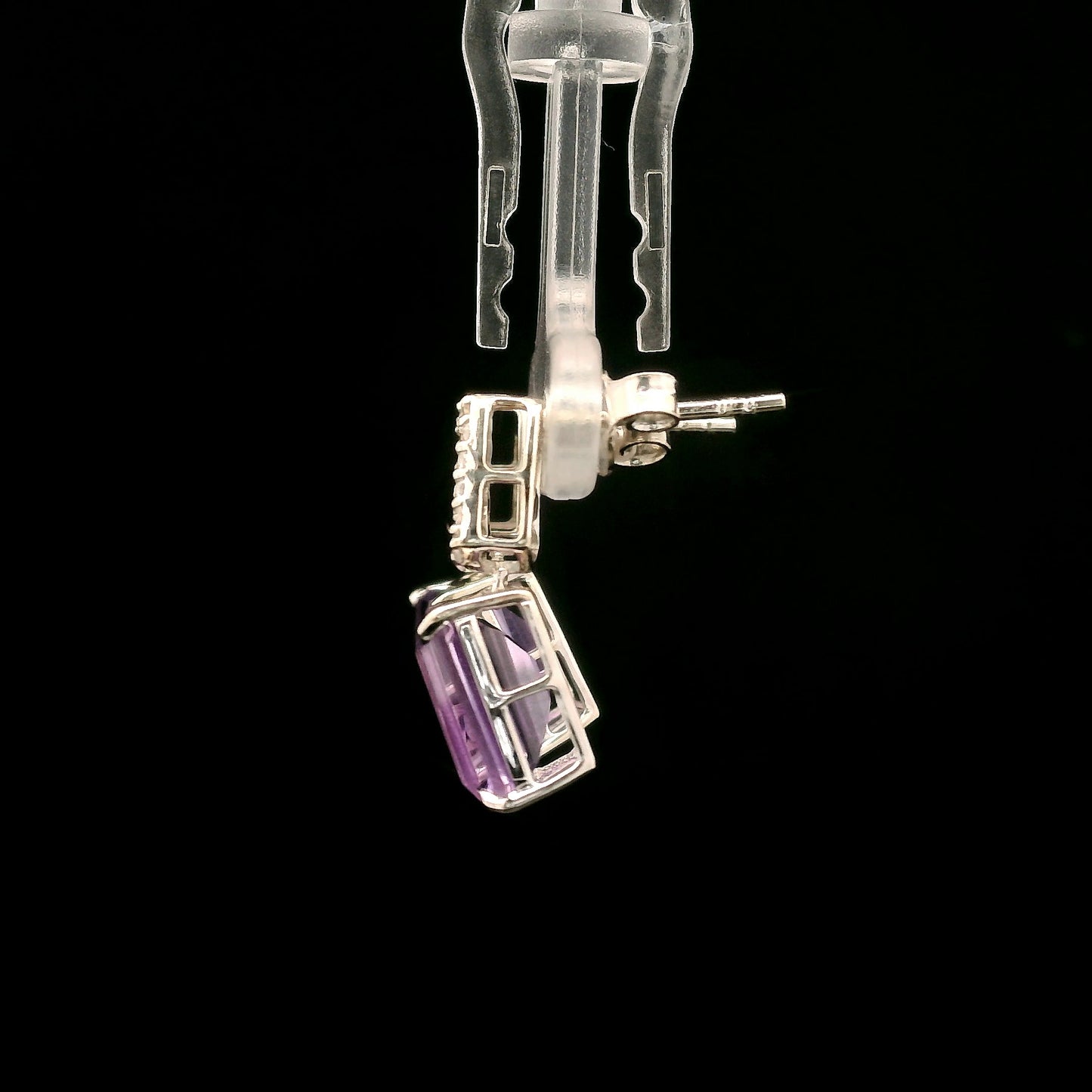 6.71 Ct Octagon Amethyst, White Zircon 925 Sterling Silver Earrings