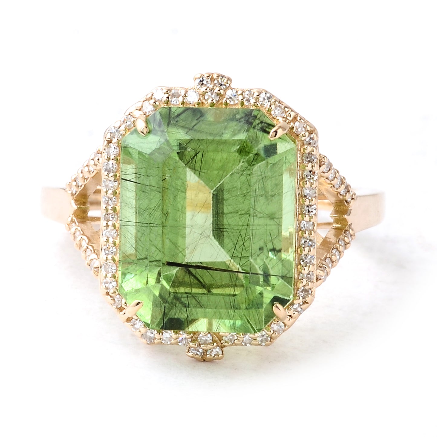 9.37 Ct Emerald Cut Natural Peridot 14K Gold Ring