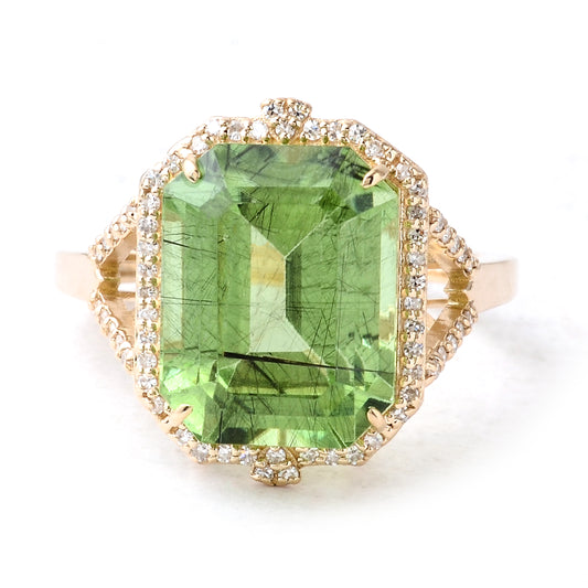 9.37 Ct Emerald Cut Natural Peridot 14K Gold Ring