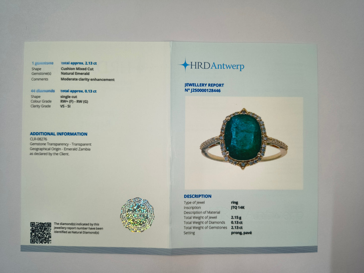 2.26 Ct Cushion Natural Emerald 14K Gold Ring