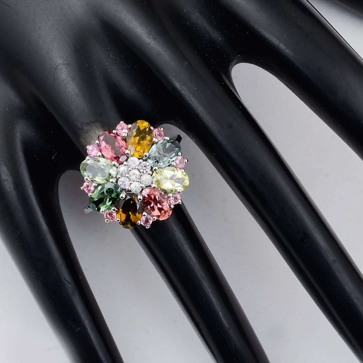 3.88 Ct Oval Mixed Cut, Round Mixed Cut Natural Multi-Coloured Tourmaline 950 Platinum Ring