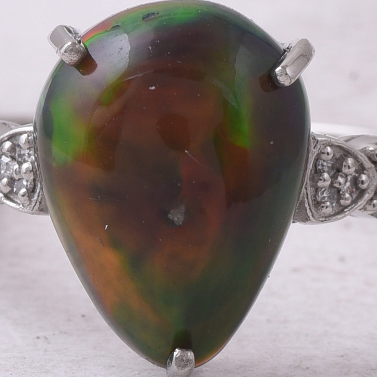 3.19 Ct Pear Cabochon Natural Black Opal 950 Platinum Ring