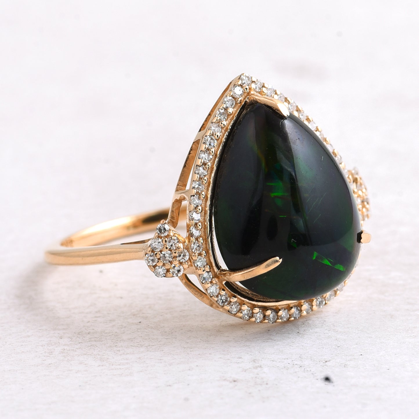 4.12 Ct Pear Cabochon Natural Black Opal 14K Gold Ring
