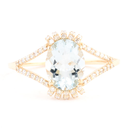 1.44 Ct Oval Mixed Cut Natural Beryl Aquamarine 14K Gold Ring