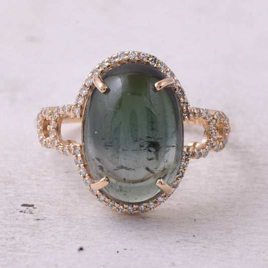 6.49 Ct Oval Cabochon Cut Natural Tourmaline 14K Gold Ring