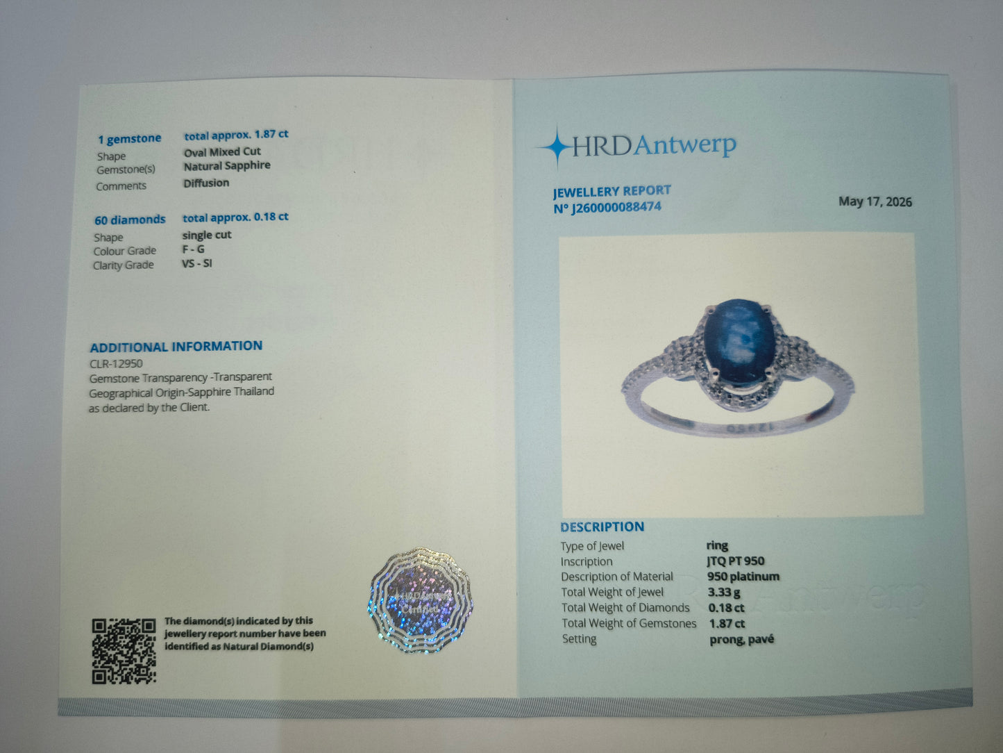 2.92 Ct Oval Mixed Cut Natural Sapphire 950 Platinum Ring