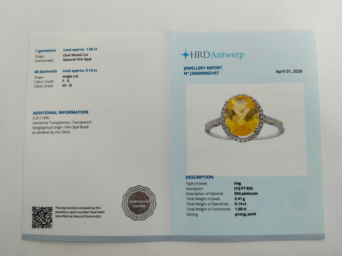 1.82 Ct Oval Mixed Cut Natural Fire Opal 950 Platinum Ring